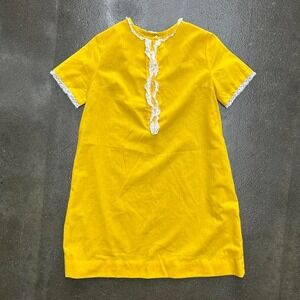 Vintage 60s 70s Yellow White Lace Ribbon Trim Lounge Dress Women's Medium